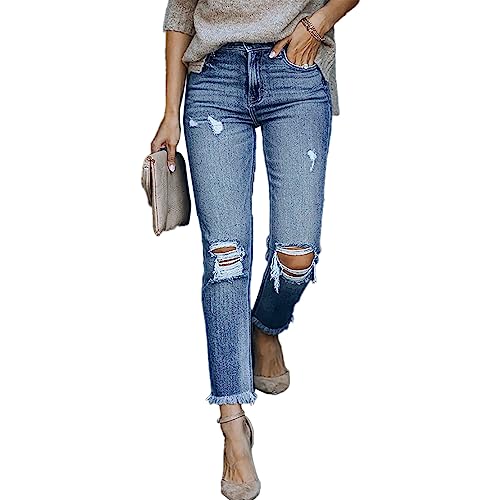 Damen Stretch Straight Jeans High Waist Straight Jeans Ausgefransten Denim Hosen mit Quastenbesatz (L) von Ausla