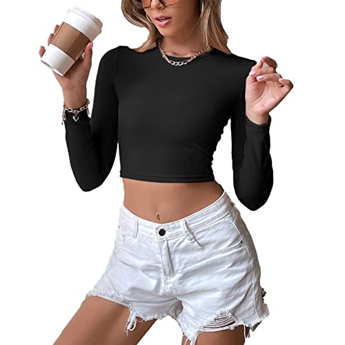 Damen Strick Langarm Crop Tops Sexy Rückenfreies Top Rundhals Slim Fit T-Shirt von Ausla