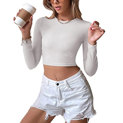 Damen Strick Langarm Crop Tops Sexy Rückenfreies Top Rundhals Slim Fit T-Shirt von Ausla