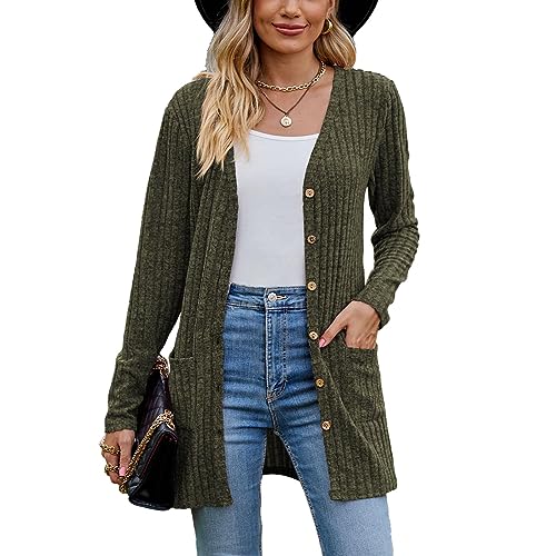 Damen Strickjacke Mit Knöpfen Langarm Cardigan Strickmantel Sweater Mit Taschen Am Saum Für Winter Herbst (L) von Ausla