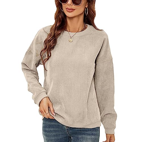 Damen Sweatshirt Pullover aus Cord übergroß, Rundhalsausschnitt Lässig Langärmelig Sweatshirt Locker Casual Oberteil(L) von Ausla