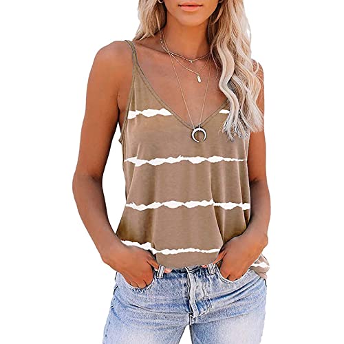 Damen Tank Top Sommer Unterhemden Spaghettiträger Ärmellose V-Ausschnitt Shirt mit Loose Stripe Print(S-Khaki) von Ausla