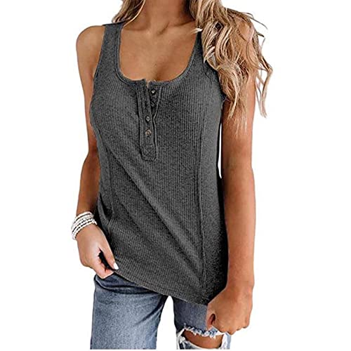 Damen Tanktops ärmellos Lässig Gestrickt Gerippt Shirt Top Blusen ärmellose Weste mit Knöpfen Reine Farbe (XXL) von Ausla