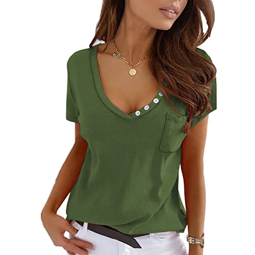 Damen Tshirt V-Ausschnitt Kurzarm Shirts Sommer Bluse mit Tasche Loose Casual Tunika Tops (XL-Grün) von Ausla