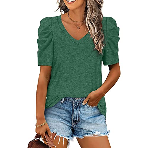 Damen V-Ausschnitt Casual Kurzarm Sommer T-Shirt Elegant PuffÄrmel Oberteile Lose Basic Blusentop(S-Grün) von Ausla