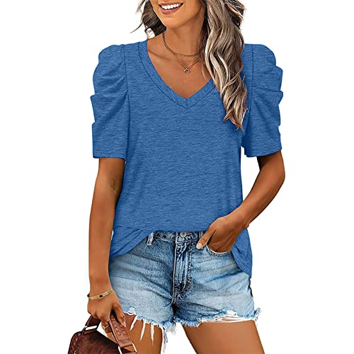 Damen V-Ausschnitt Casual Kurzarm Sommer T-Shirt Elegant PuffÄrmel Oberteile Lose Basic Blusentop(XL-Blau) von Ausla