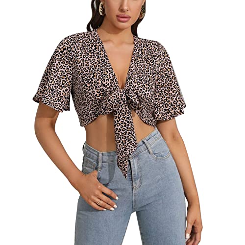 Damen V-Ausschnitt Krawatte Vorne Knoten Leopard Shirt Top Rüschen Kurzarm Leopard Crop Top Bluse (XL) von Ausla