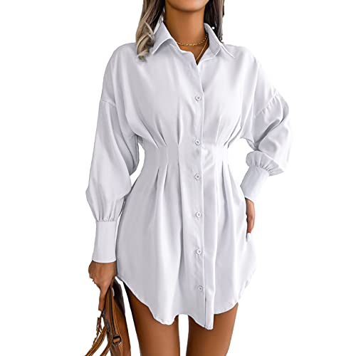 Damen V Ausschnitt Mini Hemdkleid Knöpfen Elegant Langarm Tunika Casual Gerafft Knielang Freizeitkleid(L-Weiß) von Ausla