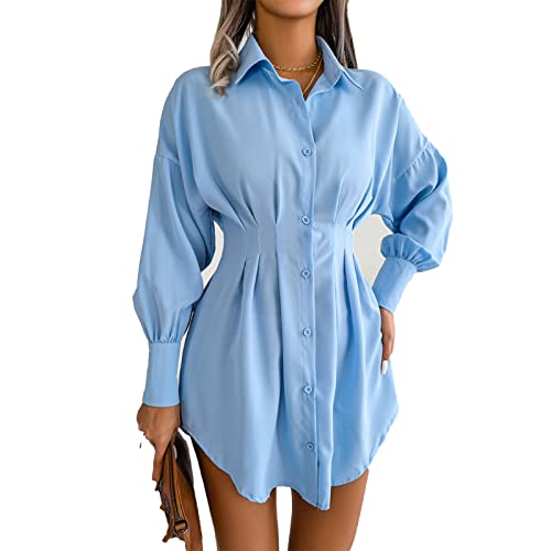 Damen V Ausschnitt Mini Hemdkleid Tunika Casual Langarm Knöpfen Gerafft Knielang Freizeitkleid(L-Blau) von Ausla