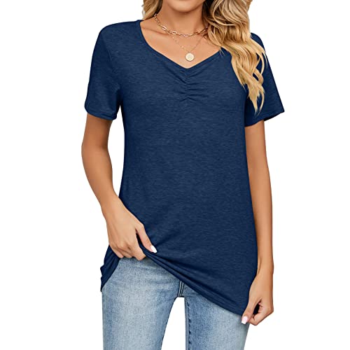 Damen V Ausschnitt Plissee Basic Oberteil Casual Sommer Kurzarm Slim Fit Longshirt Tunika Tops (XXL) von Ausla