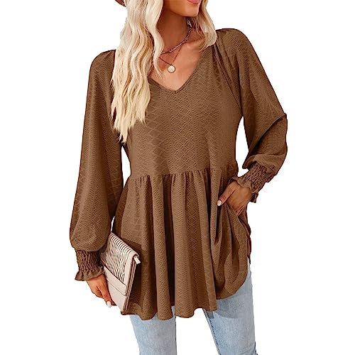 Damen V Ausschnitt Rüschenkante Babydoll Top Basic Jacquard Tunika Langarm Lose Slim Fit Sommer Oberteil (XL) von Ausla