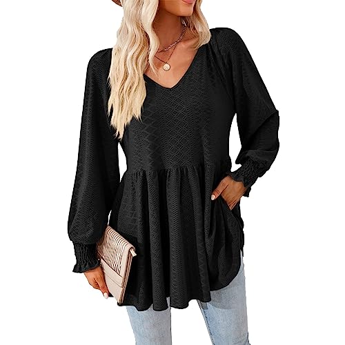 Damen V Ausschnitt Rüschenkante Babydoll Top Basic Jacquard Tunika Langarm Lose Slim Fit Sommer Oberteil (XXL) von Ausla