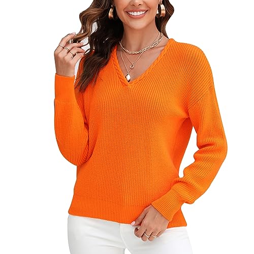 Damen V Ausschnitt Strickpullover Casual Freizeit Pullis Basic Langarm Locker Oberteil (L) von Ausla