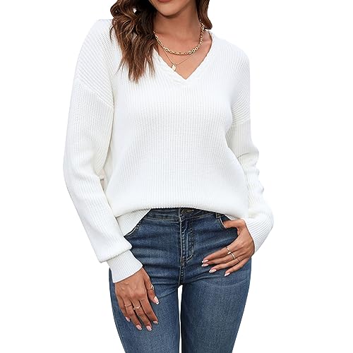 Damen V Ausschnitt Strickpullover Casual Freizeit Pullis Basic Langarm Locker Oberteil (L) von Ausla