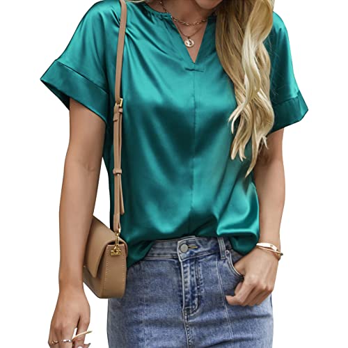 Damen V Ausschnitt Tunika Oberteil Elegant Satin Slim Fit Kurzarm Bluse Sommer Basic Lässig Tops (M) von Ausla