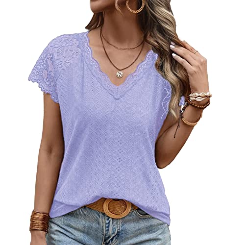 Damen V Ausschnitt Tunika Spitze Oberteil Ausgehöhlt Elegant Slim Fit Puffhülle Kurzarm Bluse Sommer Basic Lässig Tops (L) von Ausla