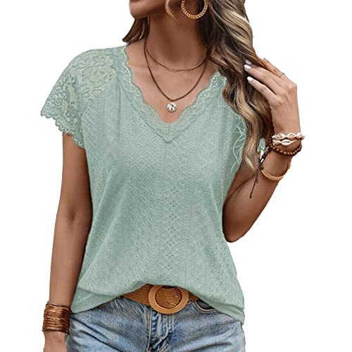 Damen V Ausschnitt Tunika Spitze Oberteil Ausgehöhlt Elegant Slim Fit Puffhülle Kurzarm Bluse Sommer Basic Lässig Tops (S) von Ausla