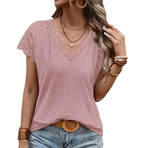 Damen V Ausschnitt Tunika Spitze Oberteil Ausgehöhlt Elegant Slim Fit Puffhülle Kurzarm Bluse Sommer Basic Lässig Tops (L) von Ausla