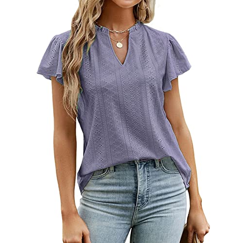 Damen V Plissee Kragen Tunika Oberteil Spitze Aushöhlen Elegant Slim Fit Rüschenkante Kurzarm Bluse Sommer Basic Lässig Tops (L) von Ausla