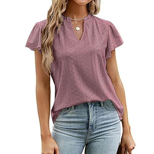 Damen V Plissee Kragen Tunika Oberteil Spitze Aushöhlen Elegant Slim Fit Rüschenkante Kurzarm Bluse Sommer Basic Lässig Tops (L) von Ausla