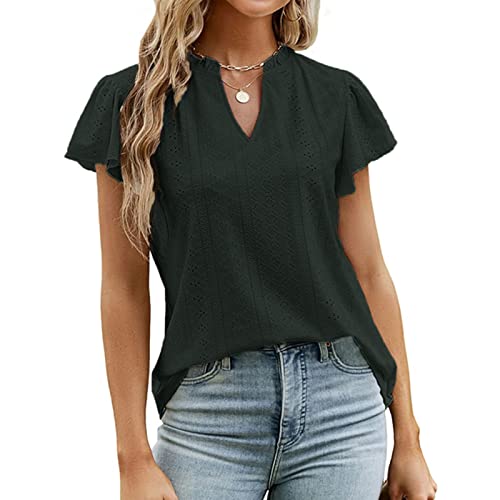 Damen V Plissee Kragen Tunika Oberteil Spitze Aushöhlen Elegant Slim Fit Rüschenkante Kurzarm Bluse Sommer Basic Lässig Tops (S) von Ausla