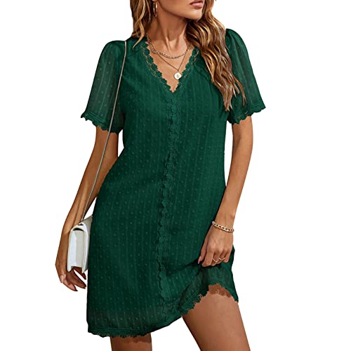 Damen Wickel-Kleid Kurzarm Shirtkleider Kleid Damen Sommerkleid Damen Knielang A Linie Kleider Punktspitzenkleid (L-Grün) von Ausla