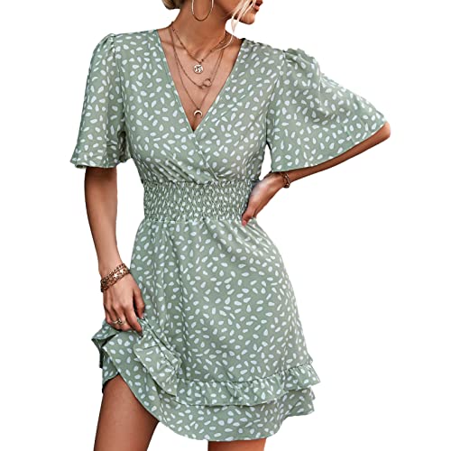 Ausla Damen V-Ausschnitt Midikleid Pagodenhülle Boho Polka Dot Blumen Sommer High Waist Wickel Volant Strandkleid(M-Grün) von Ausla