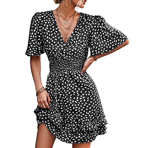 Ausla Damen V-Ausschnitt Midikleid Pagodenhülle Boho Polka Dot Blumen Sommer High Waist Wickel Volant Strandkleid(L-Schwarz) von Ausla