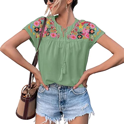 Frauen Blumen Bestickt V-Ausschnitt Kurzarm Bluse Top Quaste Schnürung Mexikanischen Stil Strandhemden Blusen (M) von Ausla