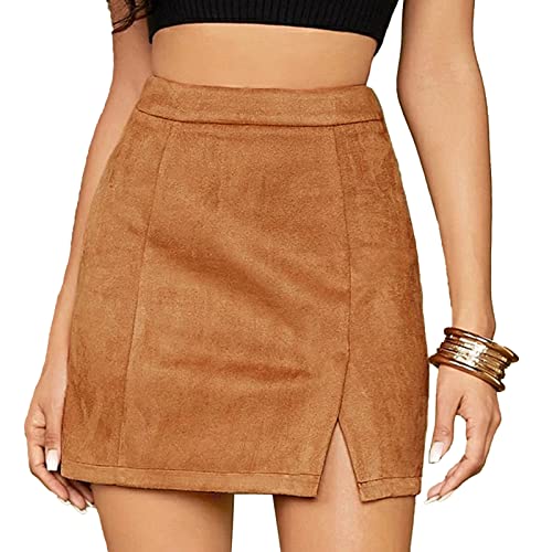 Frauen Faux Wildleder Minirock Sexy High Waist Bodycon Short A Line Rock Bodycon Short A Line Rock(L-Khaki) von Ausla