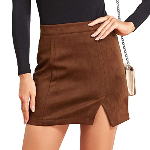 Frauen Faux Wildleder Minirock Sexy High Waist Bodycon Short A Line Rock Bodycon Short A Line Rock(M-Braun) von Ausla