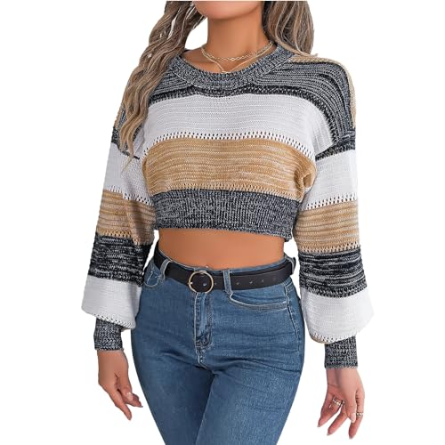 Frauen Gestreift, Kurz Geschnittener Pullover mit Rundhals Ausschnitt, Lang ärmel Iger Farb Block, Lässig, Locker Gestricktes Pullover-Pullover-Oberteil (M) von Ausla