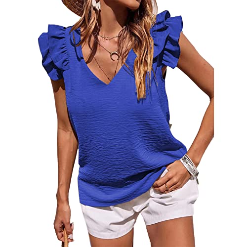 Frauen Tanktops Sommer Casual Rüschen Design V-Ausschnitt Loose Fit Ärmelloses Top Blusen Weste Reine Farbe Bequem (S) von Ausla