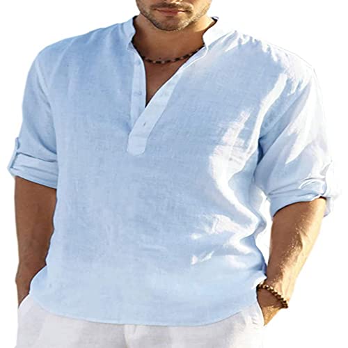 Henley Sommerhemd Baumwolle Leinen Hemd Langarm Casual Bluse T Roll Up Ärmel Sommer Strand Shirts Top für Männer(5XL) von Ausla