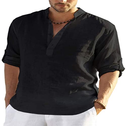 Herren Baumwolle Leinen Hemd Langarm Casual Bluse T Roll Up Ärmel Sommer Strand Shirts Top für Männer Bequemer Sommer (L) von Ausla