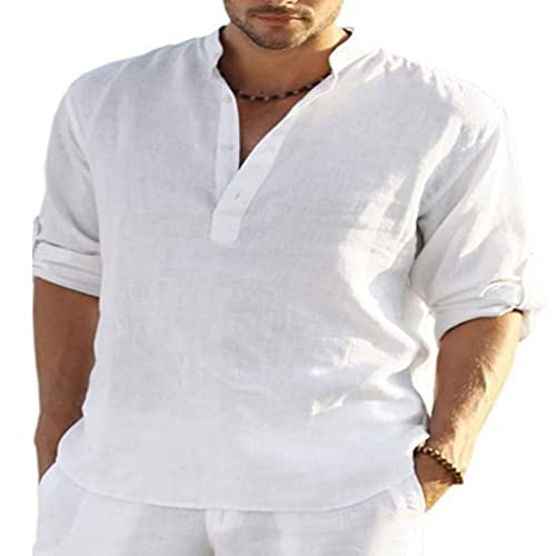 Herren Baumwolle Leinen Hemd Langarm Casual Bluse T Roll Up Ärmel Sommer Strand Shirts Top für Männer Bequemer Sommer (L) von Ausla