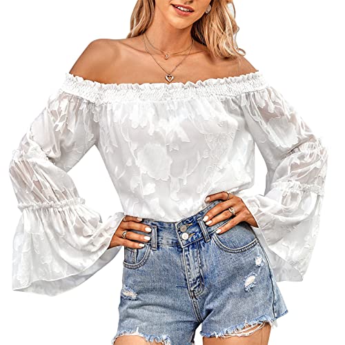 Langarmshirt Damen Slim Fit Rüschen Trim Off Shoulder Schulterfrei Crop Top Bluse Tunika Shirt Tops (L) von Ausla