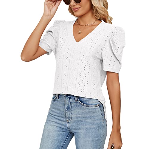 Lose Kurzarm-T-Shirts für Damen mit V-Ausschnitt, Oberteil mit Puffärmeln, Aushöhlen, Schmale Bluse (XL) von Ausla