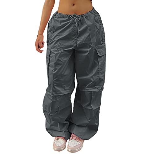 Mädchen Cargohose Multi-Pocket Leichte Freizeithose Fashion Chic Damen Baggy Hose mit Kordelzug Niedrige Taille(L-Grau) von Ausla