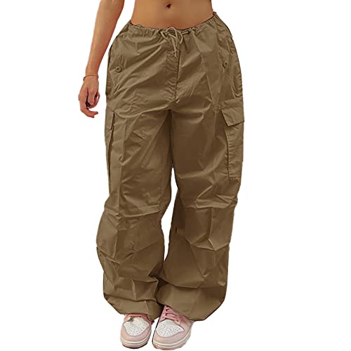 Mädchen Cargohose Multi-Pocket Leichte Freizeithose Fashion Chic Damen Baggy Hose mit Kordelzug Niedrige Taille(L-Khaki) von Ausla