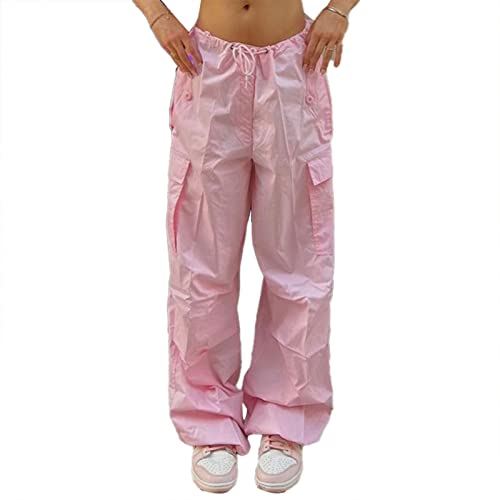 Mädchen Cargohose Multi-Pocket Leichte Freizeithose Fashion Chic Damen Baggy Hose mit Kordelzug Niedrige Taille(L-Rosa) von Ausla