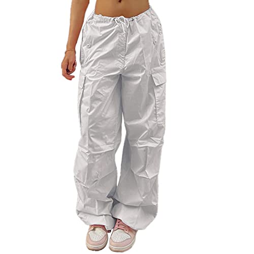 Mädchen Cargohose Multi-Pocket Leichte Freizeithose Fashion Chic Damen Baggy Hose mit Kordelzug Niedrige Taille(L-Weiß) von Ausla
