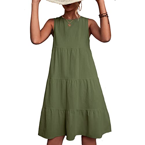 Rundhals T-Shirt Patchwork Sommerkleid Damen Knielang Casual Ärmelloses mit Geraffte Büste und Rückenknopf Strandkleid Einfarbig Locker Swing Kleid(XXL-Milit?rgrün) von Ausla