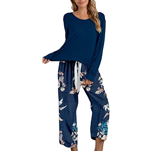 Schlafanzug Damen Zweiteiliger Pyjama Schlafanzug Lang Zweiteilige Loungewear Hausanzug mit Rundhalsausschnitt(L-Dunkelblau) von Ausla