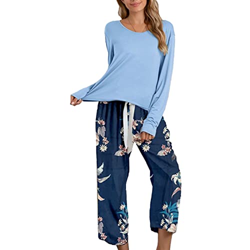 Schlafanzug Damen Zweiteiliger Pyjama Schlafanzug Lang Zweiteilige Loungewear Hausanzug mit Rundhalsausschnitt(XL-Blau) von Ausla