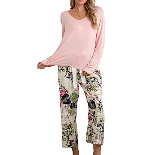 Schlafanzug Damen Zweiteiliger Pyjama Schlafanzug Lang Zweiteilige Loungewear Hausanzug mit Rundhalsausschnitt(XXL-Rosa) von Ausla