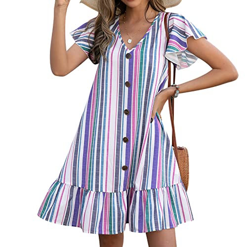 Sommer-T-Shirt-Kleid, Freizeitkleider für Damen, Kurzarmkleid tiefem V-Ausschnitt, Rüschensaum Sommer-Strandkleid(M 13 Zoll bis 17 Zoll-Grün) von Ausla