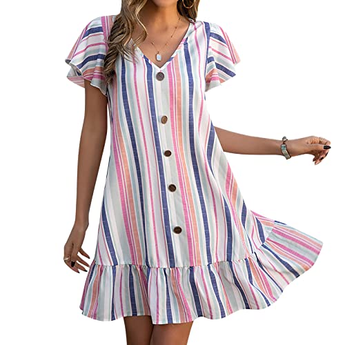 Sommer-T-Shirt-Kleid, Freizeitkleider für Damen, Kurzarmkleid tiefem V-Ausschnitt, Rüschensaum Sommer-Strandkleid(M 13 Zoll bis 17 Zoll-Orange) von Ausla