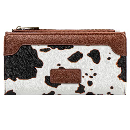 Ausolphia Geldbörse für Damen, schmal, Kreditkarte, klein, mit Metall-Schlüsselanhänger, niedliches Kuh-bedrucktes PU-Leder, Braun, Modern von Ausolphia