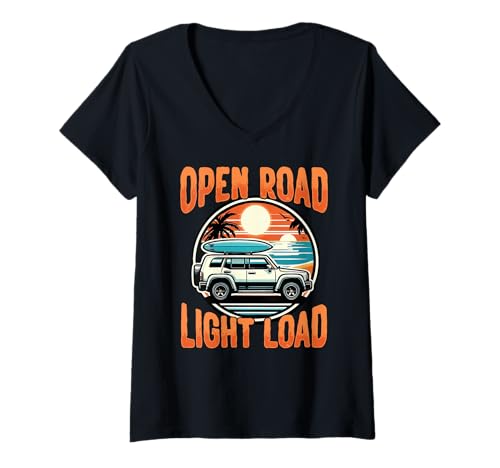 Damen Offene Straße Leichte Ladung Surfen Strand Reisen T-Shirt mit V-Ausschnitt Damen Offene Straße Leichte Ladung Surfen Strand Reisen T-Shirt mit V-Ausschnitt von Außenstraßenreise Camping Wandern Abenteuer Reisen